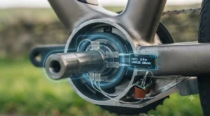 Internal view of a strain gauge sensor measuring pedal pressure on an e-bike crank.