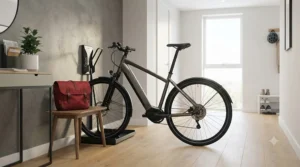 Rear pannier rack loaded with a briefcase on a suspension commuter e-bike, ideal for daily office commutes.