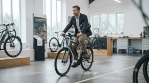 Customer test-riding a brand-name ebike at a local UK bike shop to feel the motor's responsiveness.