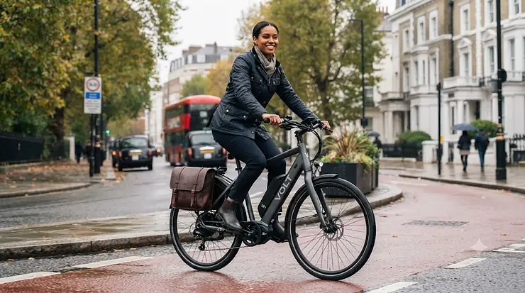 Person commuting through London on a high-quality 36v ebike from a leading brand. 36v ebike brands