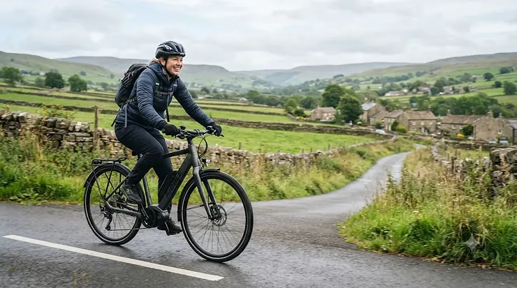 Rider cycling through a scenic British countryside on a premium torque-sensing ebike. torque sensing ebike brands