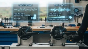 Comparison chart showing how torque sensing provides smoother power delivery than cadence-only sensors.