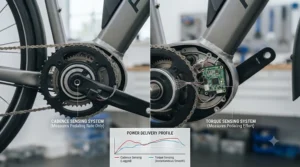 Comparison chart illustrating the responsive, natural feel of torque-sensing versus cadence-based motors.
