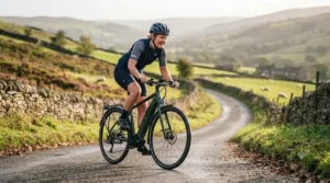 A cyclist effortlessly riding an e-bike up a British incline, highlighting the benefit of 48v system electric bike torque for hill climbing.