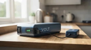 The detachable Volt e-bike battery pack being charged indoors using a mains charger unit.
