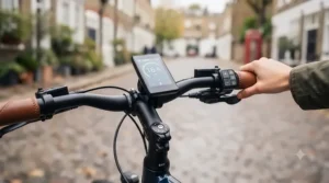 Close-up of the Volt e-bike handlebar display showing battery level, speed, and active Eco assist mode.