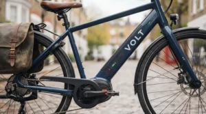 Side profile detail of the Volt e-bike frame, highlighting the integrated downtube battery and mid-drive motor.