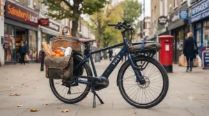 A utility variant of the Volt e-bike, heavily loaded with shopping bags and a wicker basket, parked on a high street.