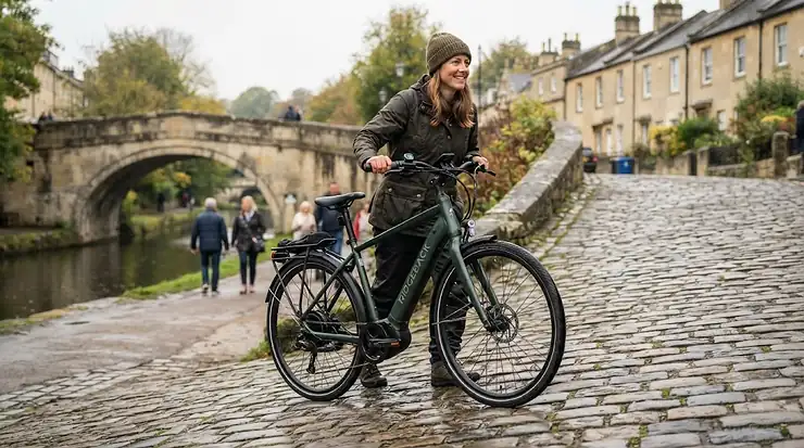 Cyclist using walk assist mode to navigate a busy UK town centre. walk mode feature ebike