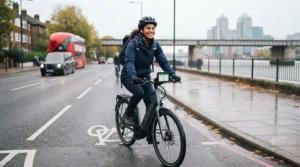 A cyclist riding a GPS-enabled commuter e-bike through light rain on a wet city road during the morning commute.