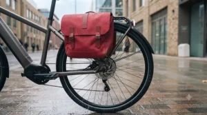 A commuter e-bike with mudguards and integrated lights ready for riding in wet British weather conditions.