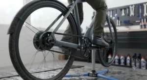 Electric bicycle equipped with a mudguard and belt drive operating smoothly on a damp British winter road.