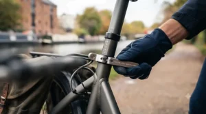 Diagram showing the quick-release seat post and handlebar adjustments on an adjustable fit ebike for customisable sizing.