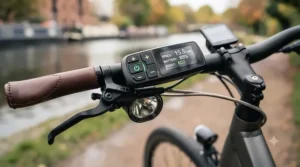 Hydraulic disc brakes and integrated LED safety lights on an adjustable fit ebike for secure braking on wet UK roads.