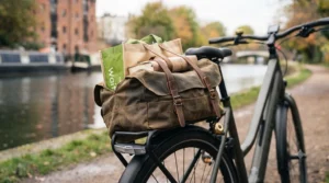 Rear pannier rack loaded with shopping bags on an adjustable fit ebike suited for everyday errands and grocery shopping.