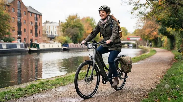 A cyclist riding an adjustable fit ebike on a British city street, showcasing ergonomic frame design and comfortable riding posture. adjustable fit ebike