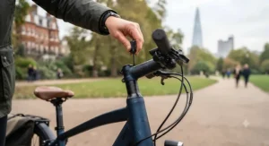 Close-up of an allen key adjusting the stem and handlebar reach on an e-bike for a comfortable riding posture.