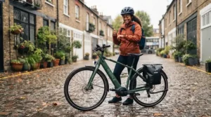Rider wearing a waterproof jacket on a fully insured electric bike during an autumn rain shower.