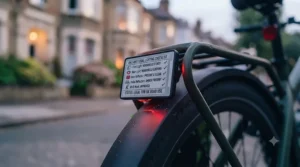 Close-up of British Standard approval markings on a compliant ebike lamp casing.