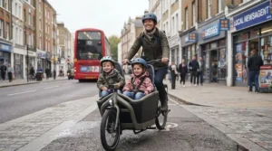 A family cargo electric bike equipped with a front dash cam navigating a busy British high street safely.