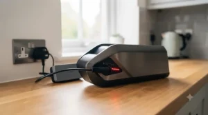 Removable lithium-ion battery from an adjustable fit ebike being charged indoors using a standard UK mains socket.