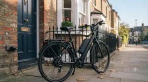 A secure, high-capacity battery being charged on a sleek connected electric bicycle parked outside a brick townhouse.