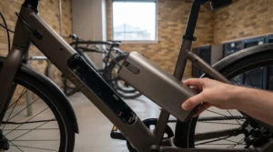 Removing the battery from a keyless entry electric bike for charging at home.