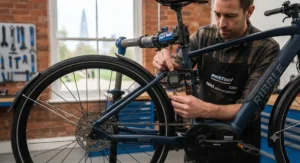 Mechanic measuring suspension sag on an electric mountain bike to customise the ride for the rider's weight.