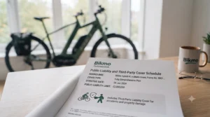Laptop screen displaying UK policy details for a fully insured electric bike.