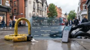 Visual comparison table contrasting heavy D-locks with modern NFC smart locking technology.