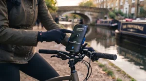 User pairing their smartphone to an electric bike control system via Bluetooth.