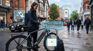 Infographic highlighting keyless security features for urban e-bikes in British cities.