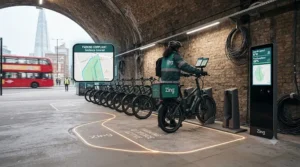 Designated dockless e-bike parking bay outlined by virtual geofencing boundaries on a UK pavement.