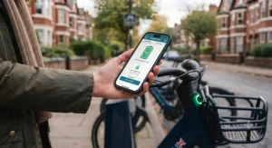 Mobile screen showing remaining battery range and digital key access permissions within an e-bike sharing app.