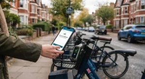 Close-up of a user tapping their mobile phone on an e-bike handlebar-mounted smart lock to activate the motor via app.