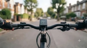 View from the rider's seat of e-bike handlebars showing a clean cockpit and discreetly integrated smart security technology.