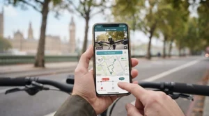 A smartphone screen displaying synced cycling footage and GPS route data from a connected electric bike dash cam.