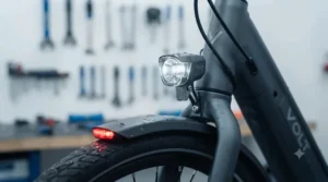 Bright front and rear LED lights integrated into an all-weather ebike for safe riding during dark winter evenings.