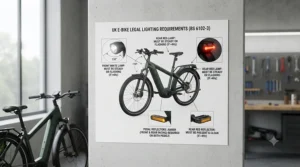 Summary checklist graphic of all legal lighting requirements for riding an ebike safely on UK public highways.