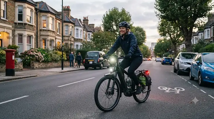 Infographic outlining ebike light legal requirements in the UK, showing front and rear lamp regulations for bicycles. ebike light legal requirements