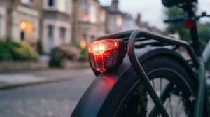 Cyclist riding an electric bike with legal lights switched on during dusk in a British town.