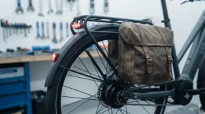 Full-coverage mudguards and a rear pannier rack fitted to an ebike, keeping a rider's clothing clean during wet commutes.