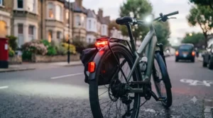 Rear red light and mandatory red reflector fitted to the back of an electric bike for UK road use.