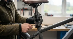 Diagram showing the internal coil spring and parallelogram mechanism of an e-bike suspension seatpost.