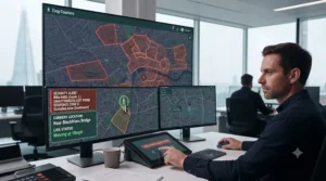 Smartphone screen displaying an automated security alert for an e-bike crossing an unauthorised geofence boundary.