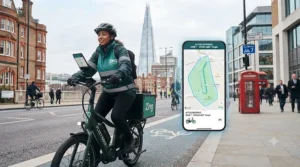 Digital map interface showing custom e-bike geofenced zones and slow-speed areas across central London.