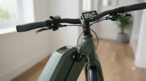Close-up of a fully insured electric bike battery display during a safe home charge.