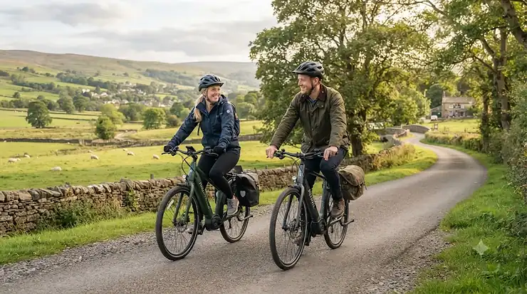 A rider comfortably sitting on an electric bike designed for long distance touring on a countryside British cycle path. electric bike for long distance sitting