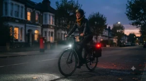 An electric bike with bright LED lights illuminated while riding along a suburban British street at dusk.