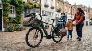 Parent dropping children off at school using a versatile, fully insured electric cargo bike.